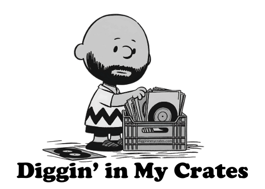 A cartoon illustration inspired by Charlie Brown, featuring a bearded and bald brown-skinned character with a vinyl crate labeled 'diggininmycrates.com.' The character is flipping through vinyl records, with one record lying on the ground.